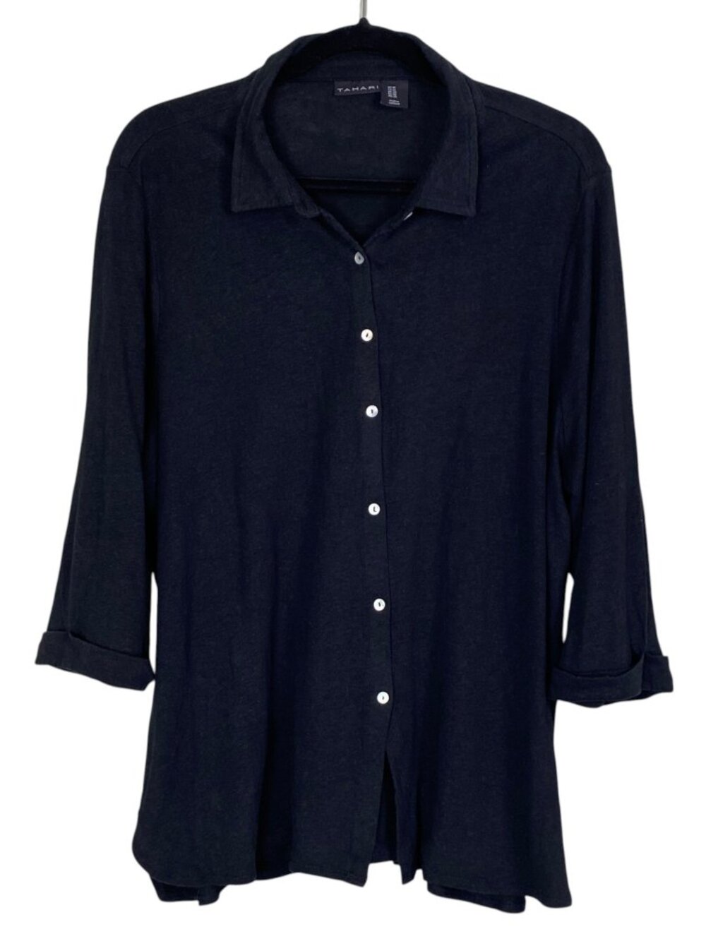 Tahari Linen Blend Button Down Shirt Black 3/4 Roll Sleeve Minimalist Capsule-1X